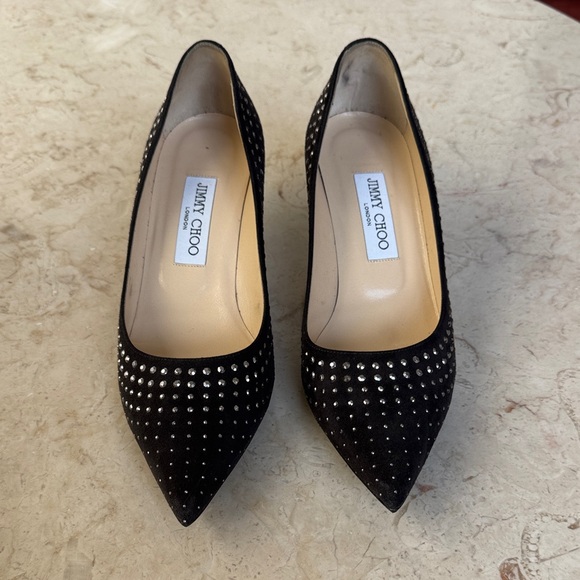 Jimmy Choo Shoes - Jimmy Choo Black Suede Pointed Toe Crystal-Stud Pumps EU 38